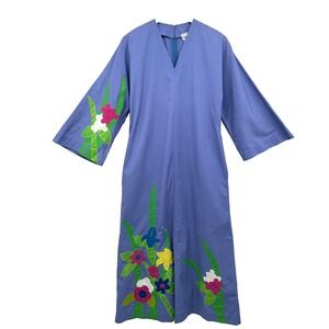 Vintage‎ House Dress Kimono MuuMuu Kaftan Size Small Floral Applique Artsy Boho